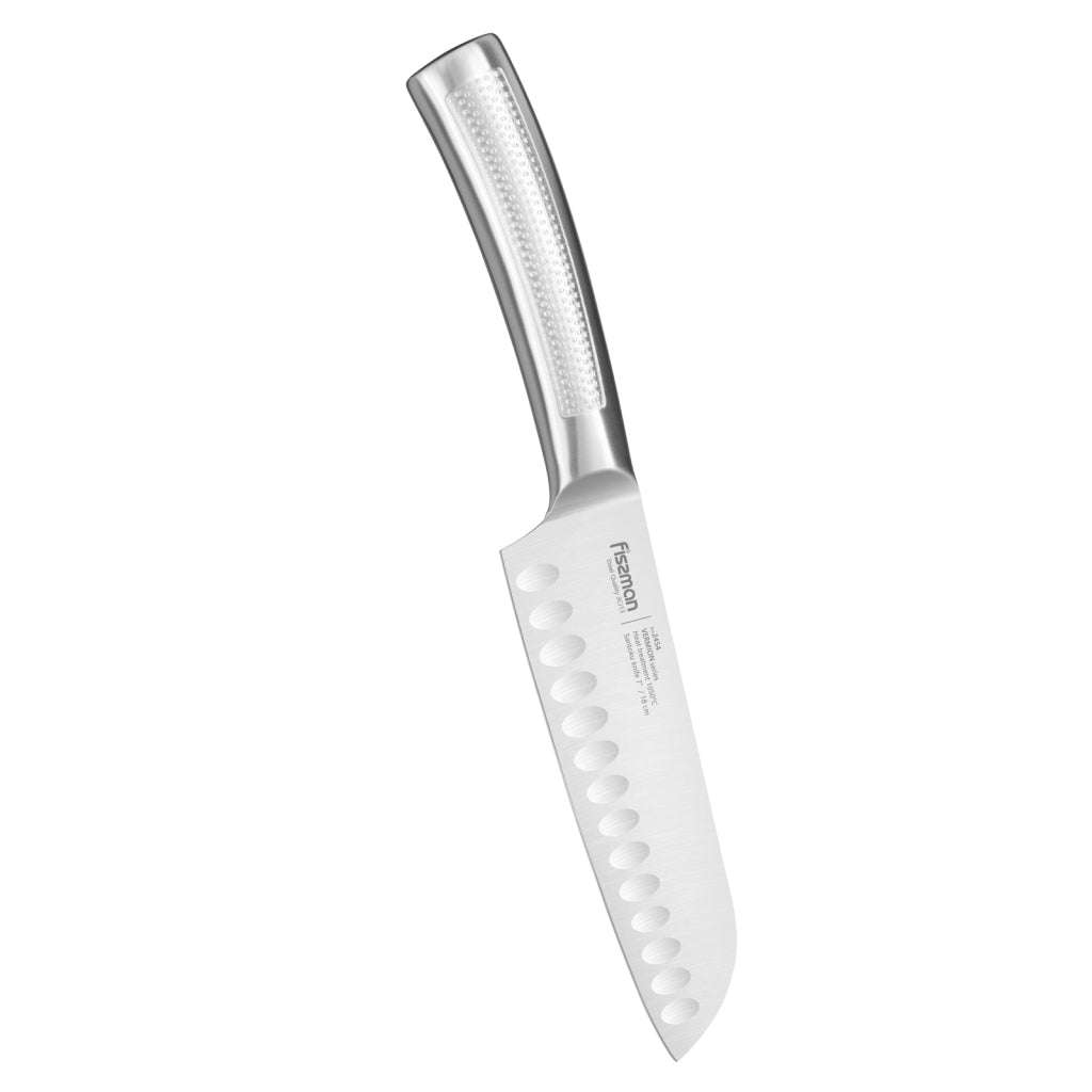 FISSMAN VERMION Santoku Knife 7inchKitchen Storage7'' Santoku knife VERMION (3Cr13 steel) hollow handle The Santoku Knife is a multifunctional item. It is made for chopping vegetables, thin slicing and cutting fish and meat. The scalloped indentations mak