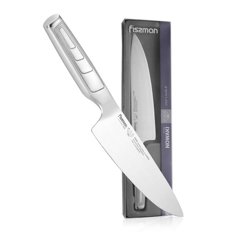 FISSMAN NOWAKI Chef Knife 8 inch Japanese Stainless Steel Knife 420J2 Series Knives 8inchKitchen StorageNOWAKI SERIES The Santoku knife is designed for shredding vegetables, thin slicing, cutting meat and fish. The grooves in the surface make it easier to