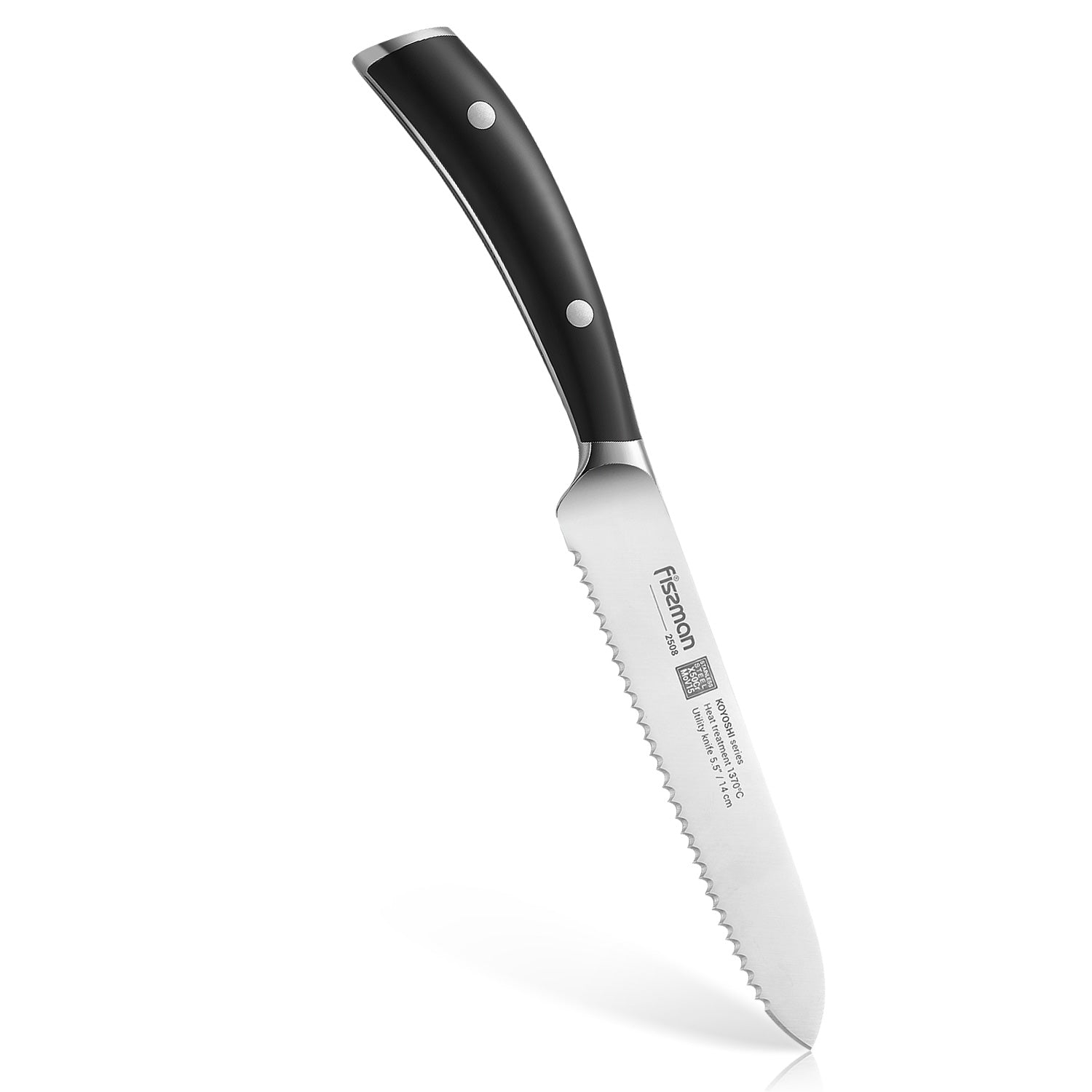 FISSMAN KOYOSHI SLICING Knife with German Stainless 8inchKitchen StorageKOYOSHI series The Santoku knife is designed for shredding vegetables, thin slicing, cutting meat and fish. There are indentations on the left side of the blade, and the right side ha