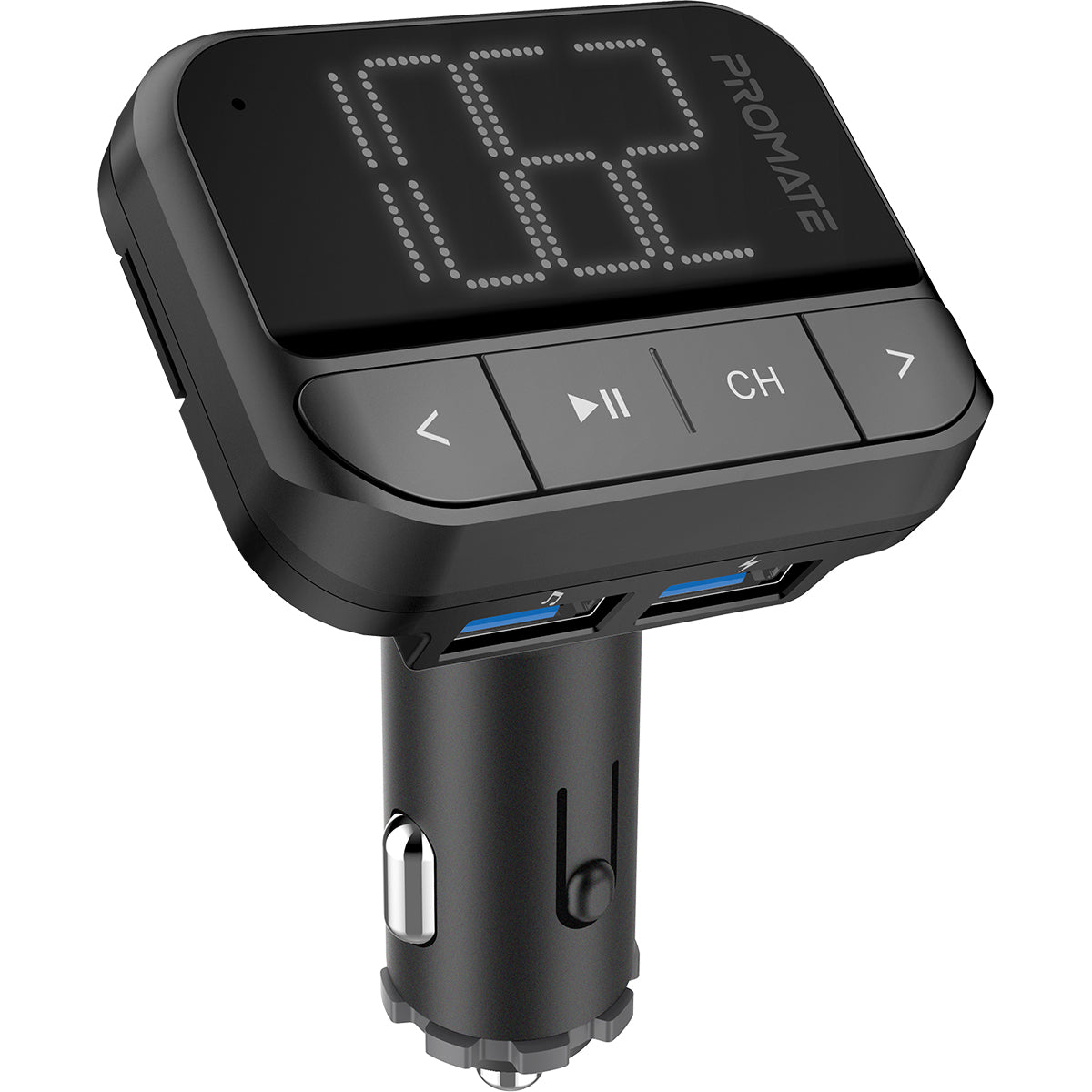 Promate Car FM Transmitter, Wireless In-Car Radio Adapter Kit with Dual USB Ports, Hands-Free Calling, AUX Port, TF Card Slot, LED Display, Multiple EQ Modes and Remote Control for Smartphones, Tablets, EzFM-2