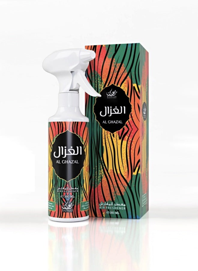 Al Ghazal Ultimate Bundle Offer - 350ml Air Freshener | 70gm Bakhoor | 25gm Oud MuattarHome Environment3pcs Gift Set - "Al Ghazal" 350ml Air Freshener Al Ghazal - Concentrated Air Freshener that give you the feel of Arabic. With the musky, oriental woody