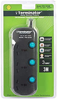 3 Way Black Universal Power Extension Socket - Terminator (Black)Power Strips & Surge ProtectorsOverload Protector for Extra Safety Flame Retardant PC Material Individual Switch with Indicator Safety Shutters for Child Easy to Use Safety Measures: - Safet