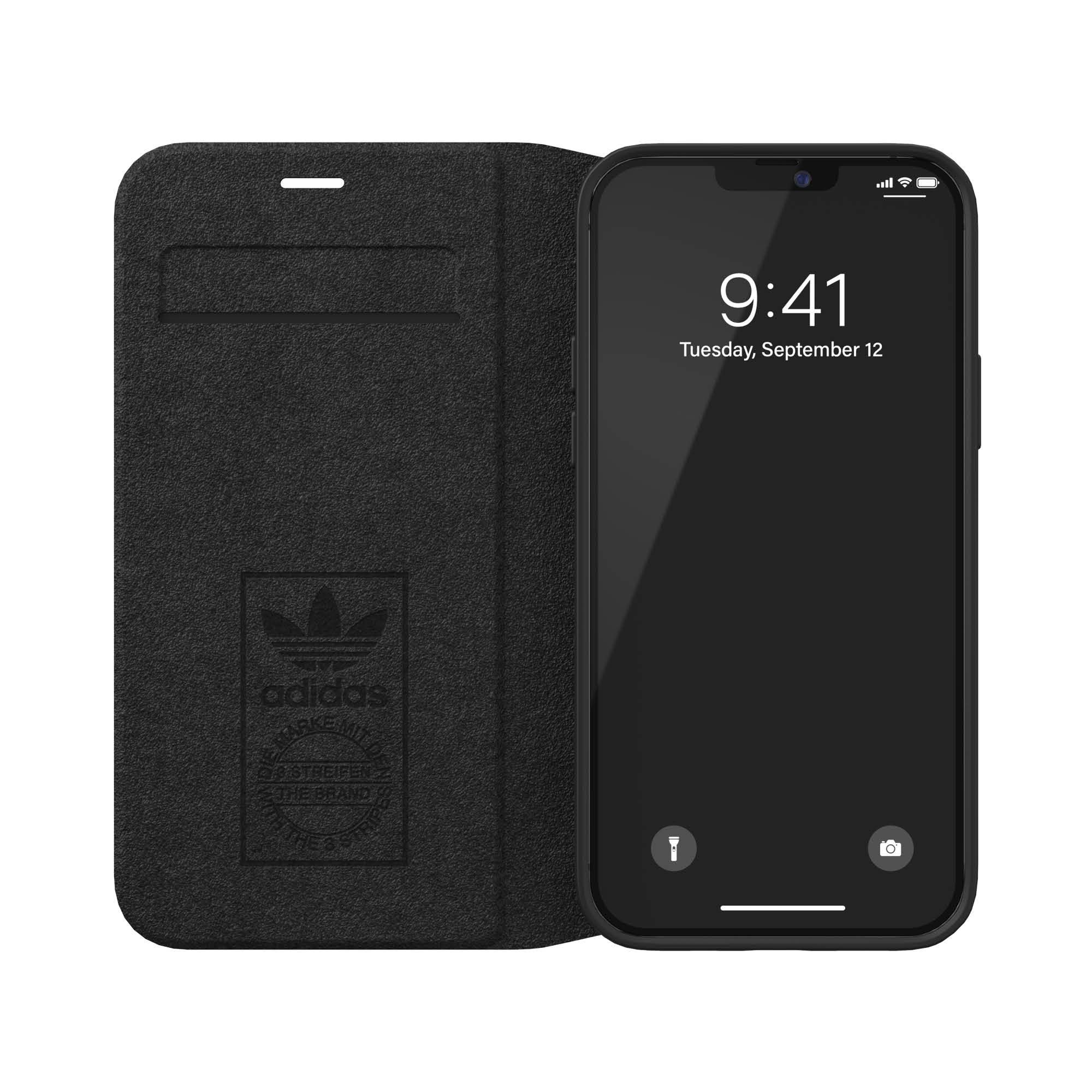 Adidas SAMBA Apple iPhone 12 / 12 Pro Folio Case - Booklet cover w/ 3 Stripes & Trefoil Design, Scratch & Drop Protection, 1x Card Holder, Wireless Charging Compatible - Black/White
