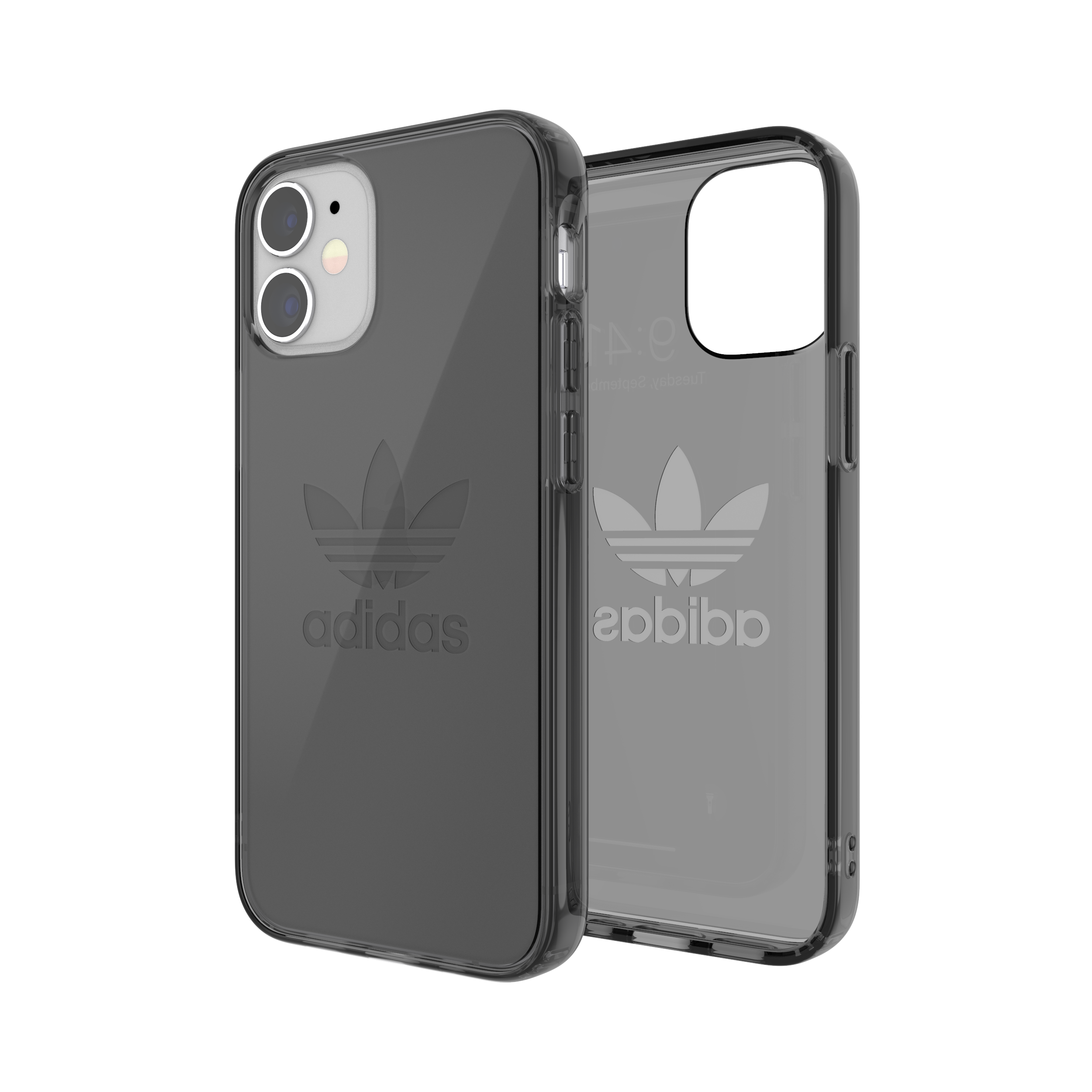 adidas ORIGINALS Apple iPhone 12 Mini Protective Clear Case - Back cover w/ Trefoil Design, Scratch & Drop Protection w/ TPU Bumper & Air Cushion, Wireless Charging Compatible - Black
