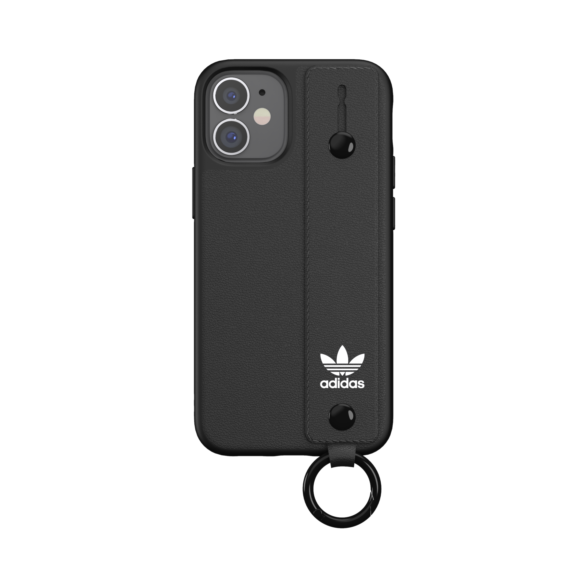 Adidas ORIGINALS Apple iPhone 12 Mini HandStrap Case - Back cover w/ HandStrap & Carabiner in Trefoil Design, Scratch & Drop Protection, Wireless Charging Compatible - Black