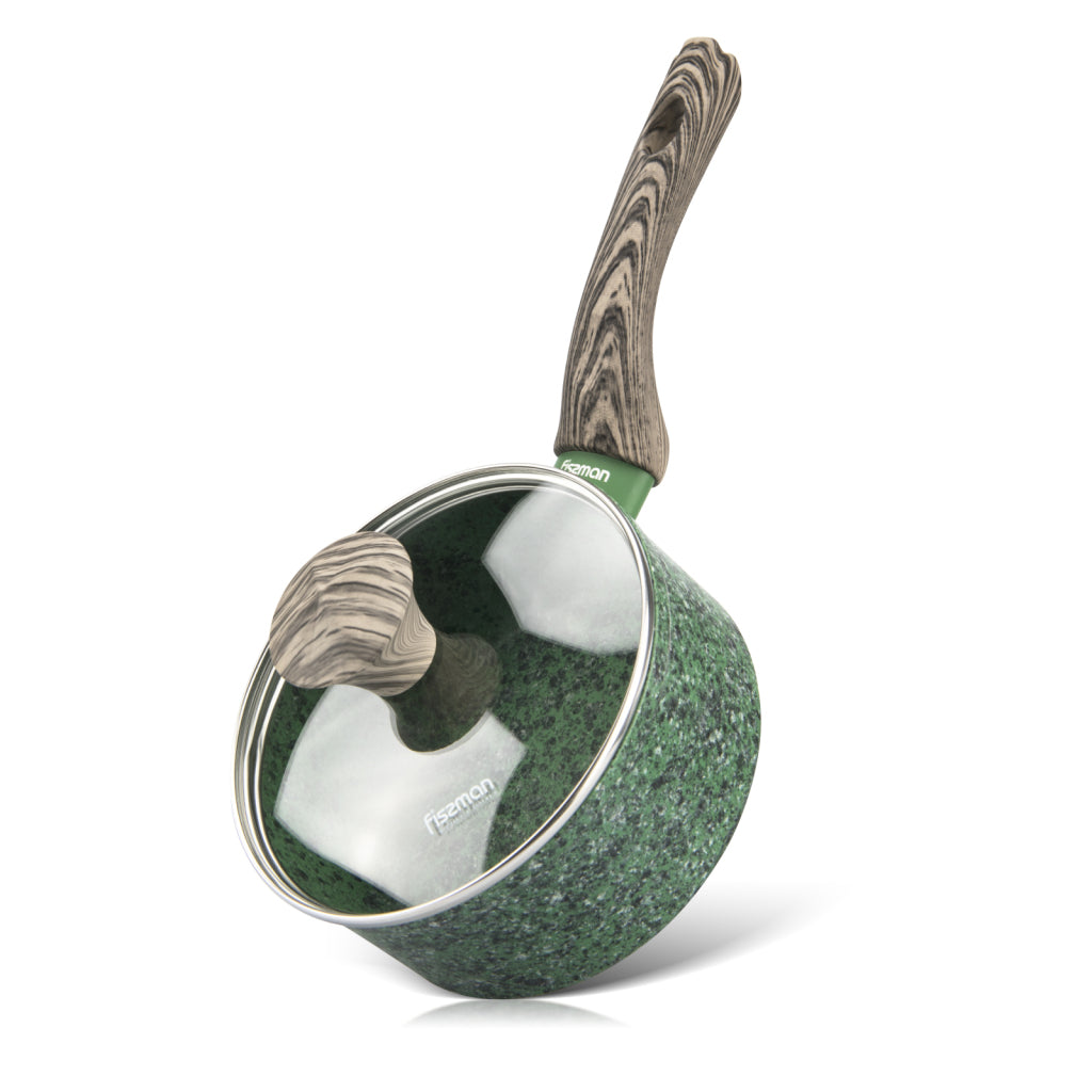 FISSMAN MALACHITE Aluminium with Non-Stick Coating Sauce Pan 16x7.8cm/1.4 L with Glass Lid with Induction BottomKitchen StorageSauce pan MALACHITE 16x7.8 cm / 1.4 LTR with glass lid with induction bottom (aluminium with non-stick coating) With the real co