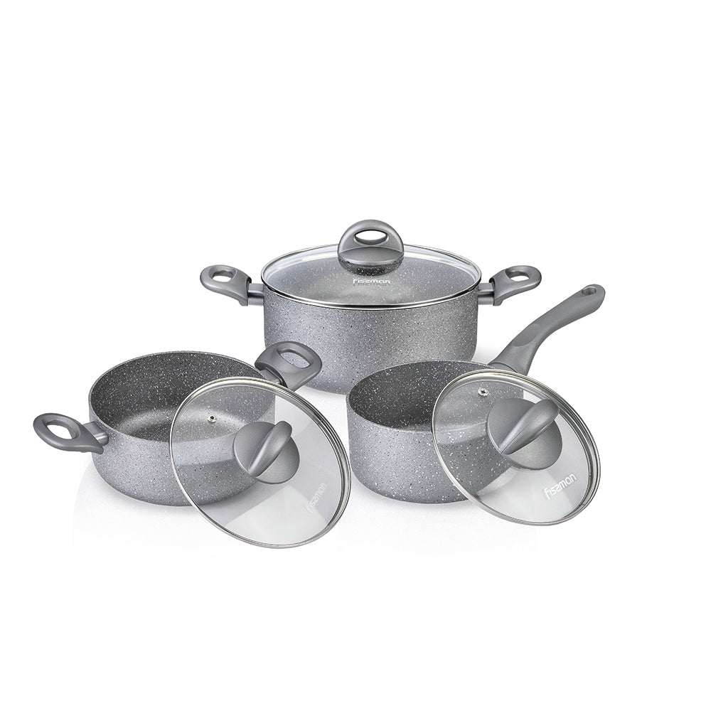 FISSMAN Cookware Set MOON STONE - Casserole, Stock Pot, Sauce Pot, Casserole with Cover Aluminum with Non-Stick CoatingKitchen Storage4401 Cookware set MOON STONE 6 pcs (aluminium with non-stick coating) The MOON STONE cookware set from FISSMAN is innovat