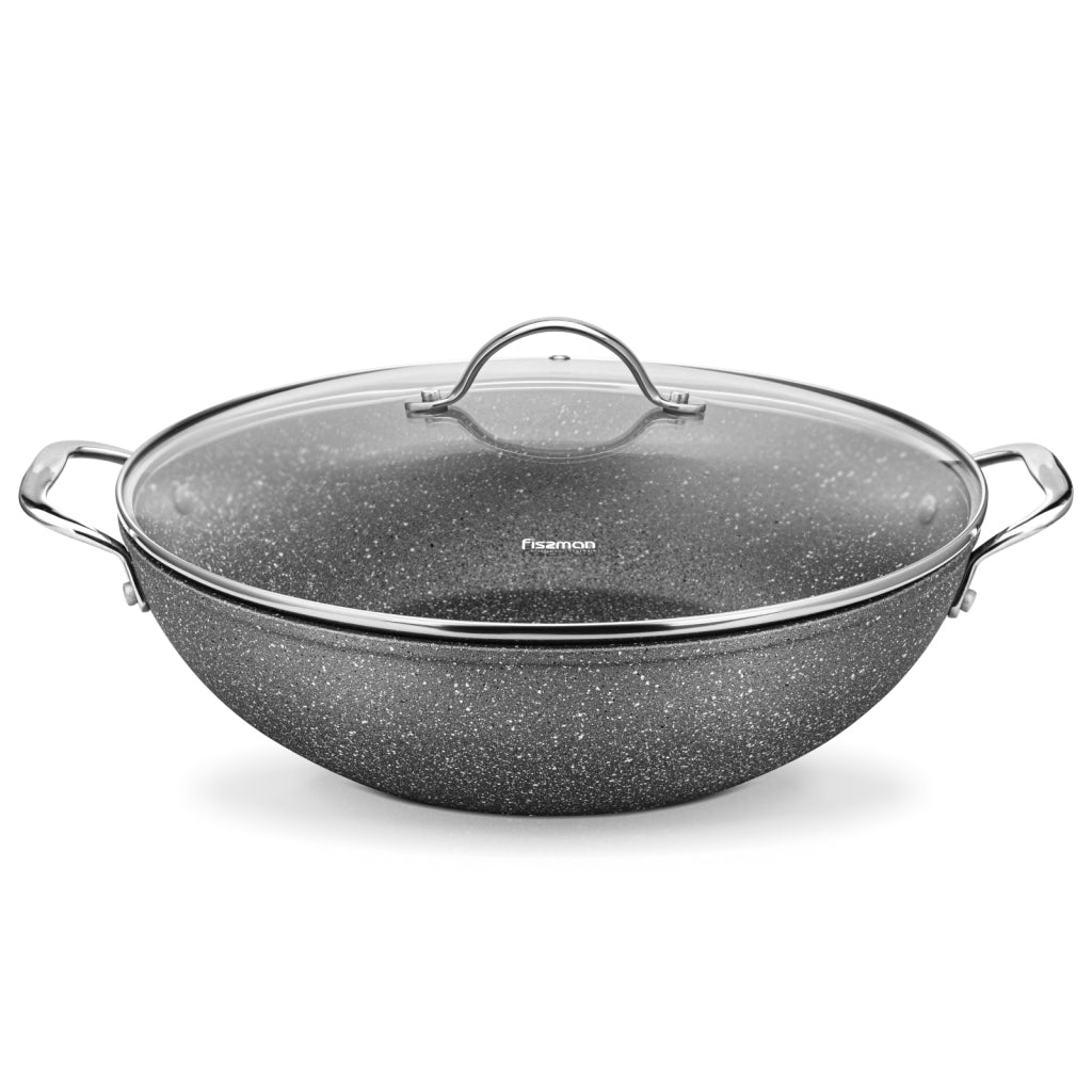 FISSMAN Wok MOON STONE 32x9cm/ 5.6L with Glass Lid with Induction Bottom Aluminium with Non-Stick CoatingKitchen Storage4412 Wok MOON STONE 32x9 cm / 5.6 LTR with glass lid with induction bottom (aluminium with non-stick coating) The MOON STONE series fro