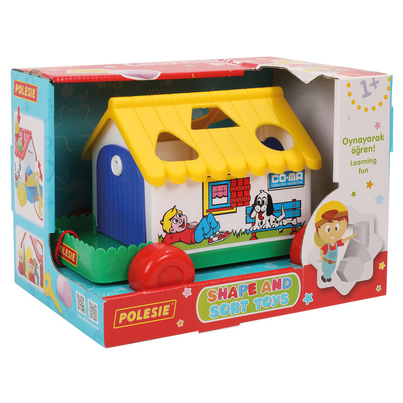 Polesie - Shape and sort house (box)Toys & GamesShape-and-sort house is for toddlers under the age of 3. There is a logical task on the roof of the house to match the shapes (6 pieces) with the puzzle holes.There are doors on both sides of the house that