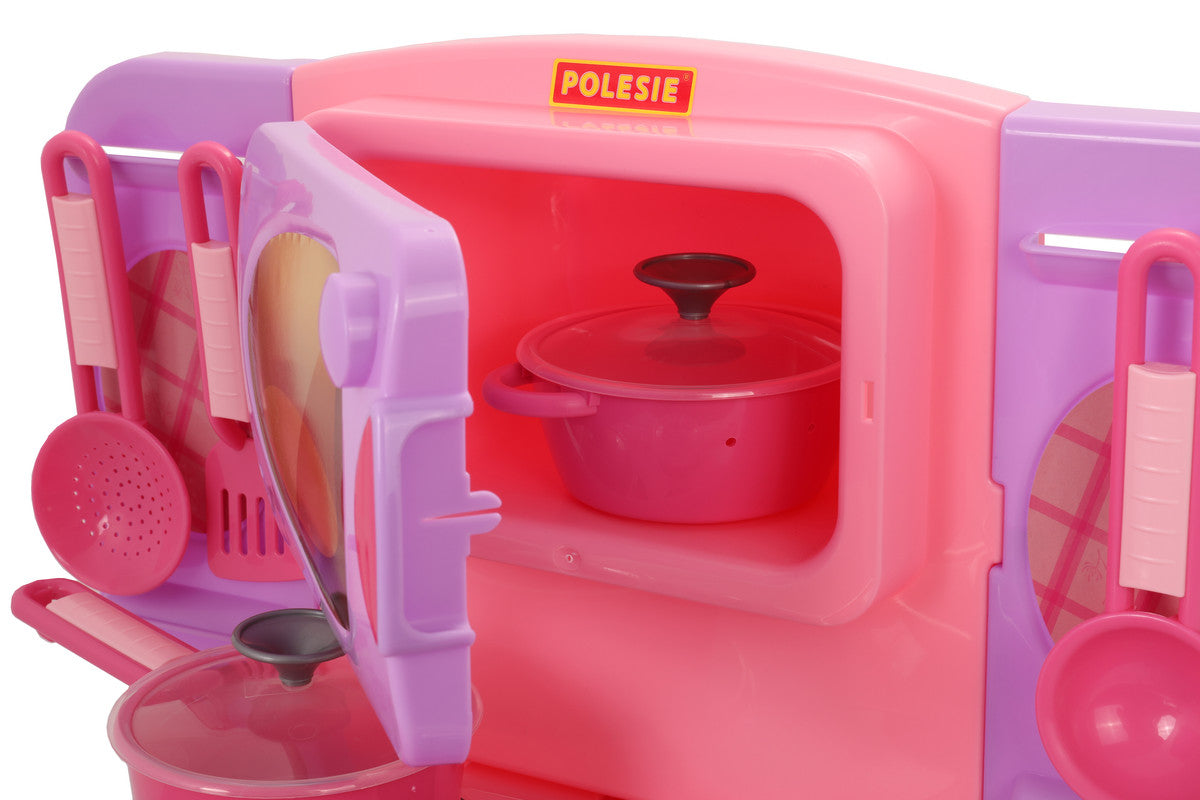 Polesie - Play kitchenToys & GamesThe kitchen is equipped with a three-burner stove and an oven located under the stove.The set includes: * saucepan - 1 pc. * ladle - 1 pc. * frying pan - 1 pc. * kitchen utensils - 3 pcs.FEATURES: Polesie toys are made in