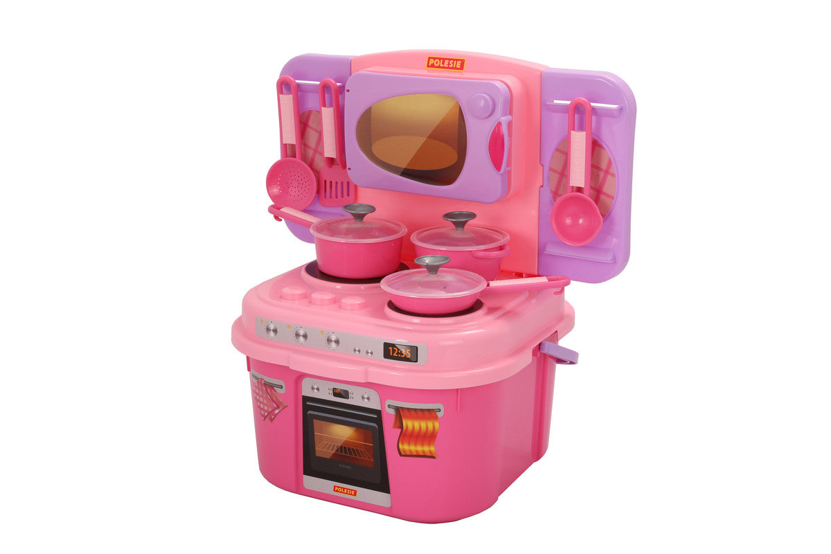 Polesie - Play kitchenToys & GamesThe kitchen is equipped with a three-burner stove and an oven located under the stove.The set includes: * saucepan - 1 pc. * ladle - 1 pc. * frying pan - 1 pc. * kitchen utensils - 3 pcs.FEATURES: Polesie toys are made in