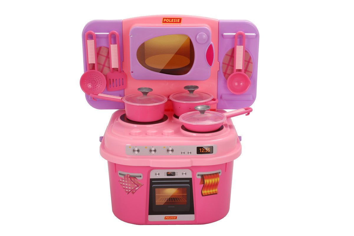 Polesie - Play kitchenToys & GamesThe kitchen is equipped with a three-burner stove and an oven located under the stove.The set includes: * saucepan - 1 pc. * ladle - 1 pc. * frying pan - 1 pc. * kitchen utensils - 3 pcs.FEATURES: Polesie toys are made in