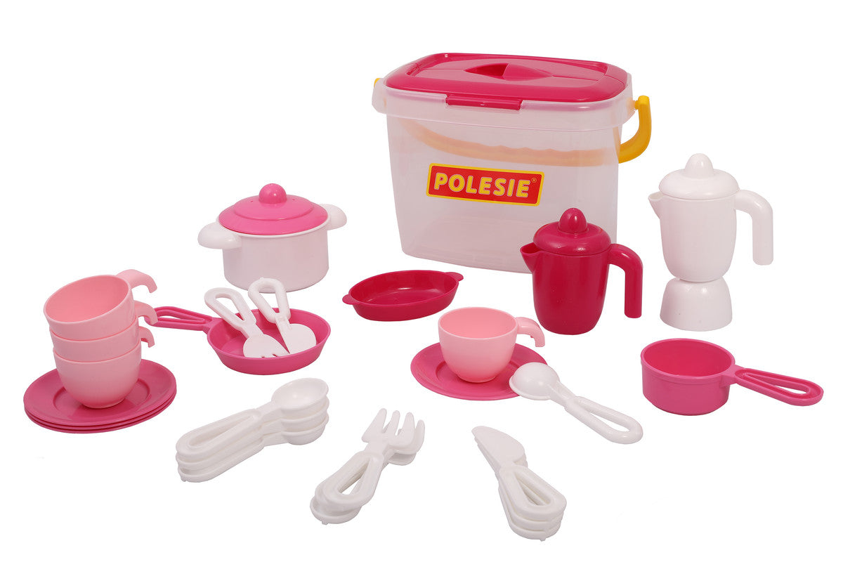 Polesie - Cookware set for four, 29 pcs (bucket)Toys & GamesThe 4-person dinner set is a toy that your child will spend hours of fun with his friends. It consists of 29 parts. The set is in a container for easy storage. Set Contains : * Coffee pot - 1 pc