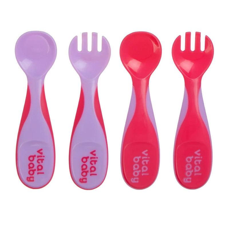 Vital Baby NOURISH Chunky Feeding Spoons 4pk - Pink & PurpleNursing & FeedingThe short and chunky design of this weaning cutlery means it is ideal for babies over 6 months to gain their confidence with self-feeding. The wide and shallow spoon and fork tip