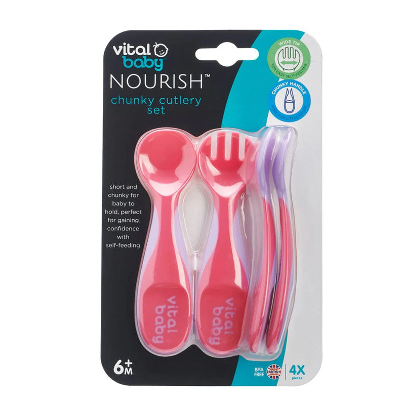 Vital Baby NOURISH Chunky Feeding Spoons 4pk - Pink & PurpleNursing & FeedingThe short and chunky design of this weaning cutlery means it is ideal for babies over 6 months to gain their confidence with self-feeding. The wide and shallow spoon and fork tip