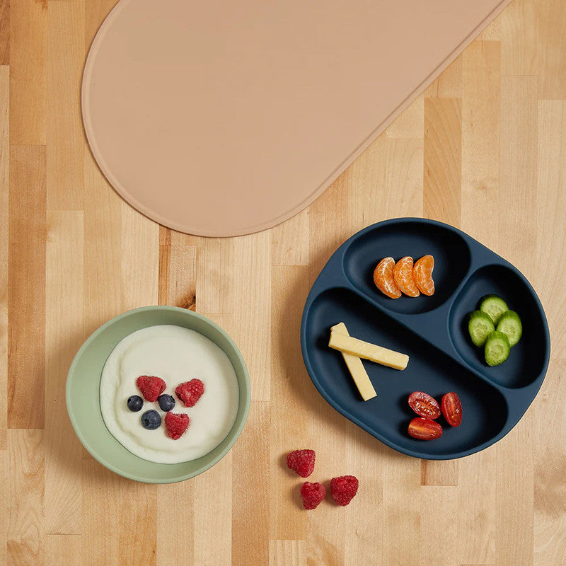 Vital Baby NOURISH Silicone Suction Plate - Moody BlueNursing & FeedingMealtimes can be mess and stress free with the NOURISH silicone suction plate. 4 super strong suction pads help to prevent tips, spills, splats and tears at mealtimes which, when coupl