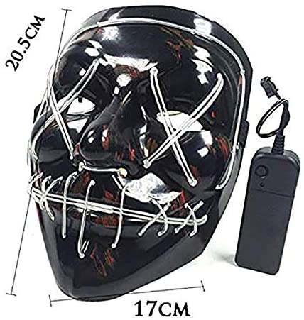 Purge Halloween MaskToys & GamesMade of premium PVC and glowing El Wire There are 4 control modes: Steady Light, Slow flash, Fast flash, Off. You can clip the power to your clothes or in your pocket. Needs two AA batteries (not included) The adjustable el