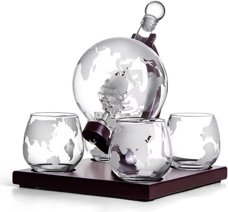 Doeek Decanter Globe Set with 4 Etched Globe Glasses - 850mlKitchen StorageWHISKEY DECANTER – An original map of the Earth, this round scotch whiskey decanter features a small ship sailing the liquor “seas” inside for a beautiful, classic look men love.GL