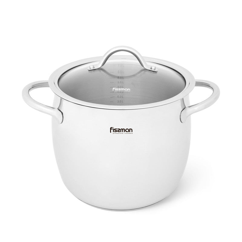 FISSMAN Stockpot VIVIEN 22x18.7 cm / 7.7 LTR with glass lid (stainless steel)Kitchen StorageThe new VIVIEN series from FISSMAN meets the highest safety standards and is made from high quality grade 18/10 (INOX304) stainless steel. It does not oxidise or r