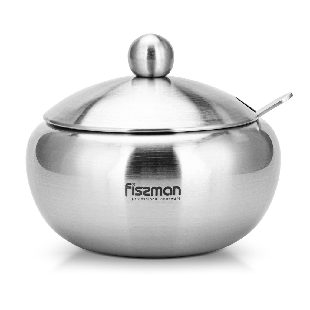 FISSMAN Sugar Bowl Large, Stainless Steel Drum Shape Sugar Pot with Steel Lid and SpoonKitchen StorageSugar bowl with steel lid and spoon 560 ml (stainless steel) FISSMAN only uses advanced technologies to design its cookware. We have set the goal to meet