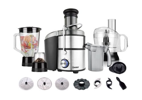 Dessini 5 in 1 Juicer 220-240v 50/60 Hz 800 Watt Silver/BlackMulti Funcation juicer with 1.5 L glass blender and grinder 75mm extra large feeding tube 1.2L food processor bowl with s.s blade slicer 2 L large residue collector and 1.1 L juicer cup Stainles