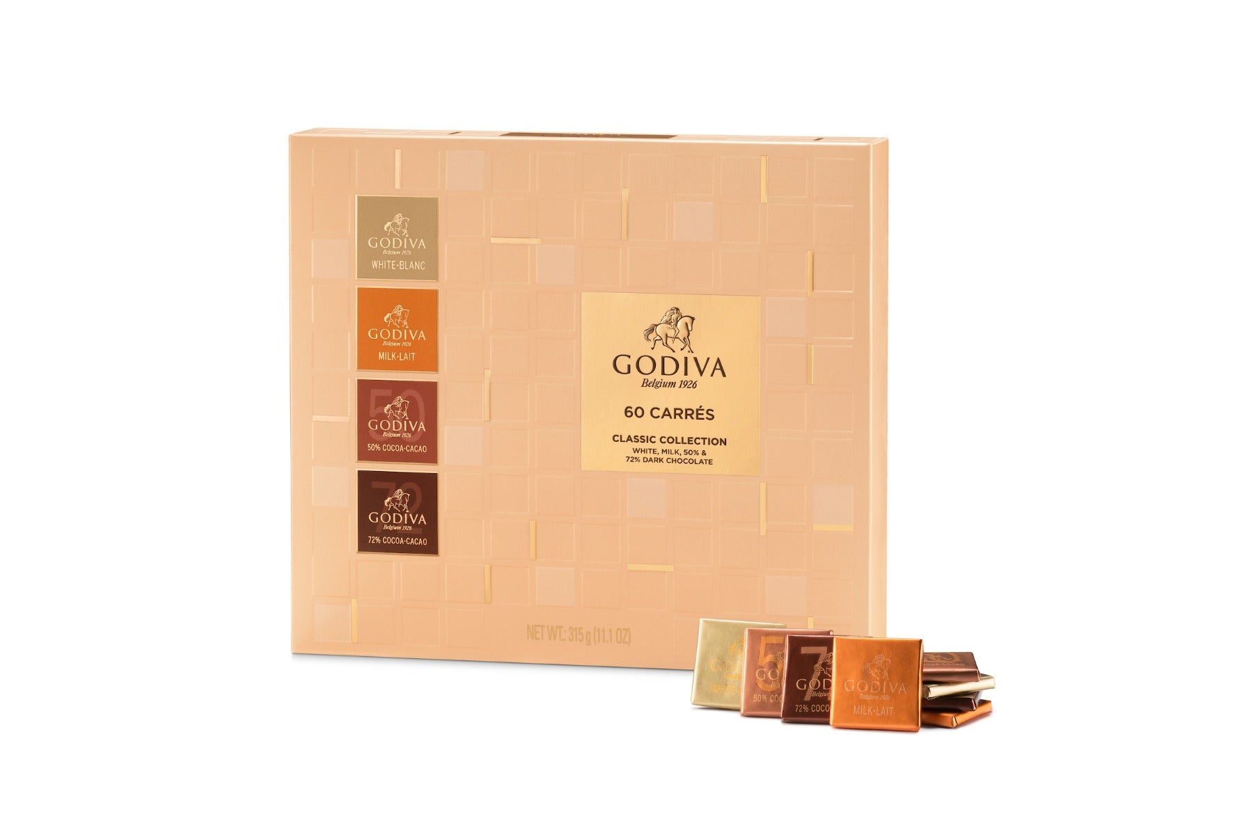 Godiva Full Range Carres - 60 PCSChocolate & ConfectioneryFeaturing a combination of squares based on 4 flavors ranging from Dark to Milk chocolate, these Carres are crafted by Godiva’s Chocolatiers for the ideal chocolate enthusiast. Godiva’s Carres Full
