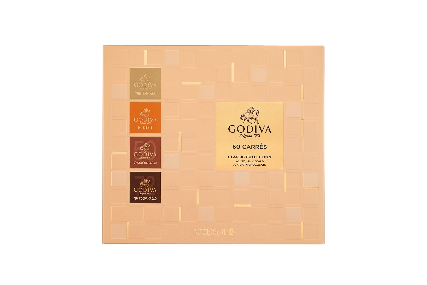 Godiva Full Range Carres - 60 PCSChocolate & ConfectioneryFeaturing a combination of squares based on 4 flavors ranging from Dark to Milk chocolate, these Carres are crafted by Godiva’s Chocolatiers for the ideal chocolate enthusiast. Godiva’s Carres Full