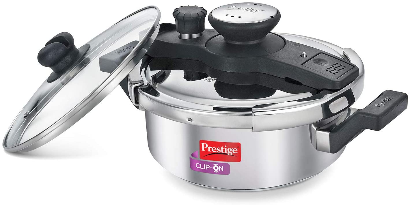 Prestige Clip-on Stainless Steel Pressure Cooker, Cook And Serve Pot with Extra Glass Lid, 3 LitersKitchen StorageThis progressive clasp on weight cooker is intended for greatest security. It accompanies 4 wellbeing gadgets - the Weight or Whistle, pressu
