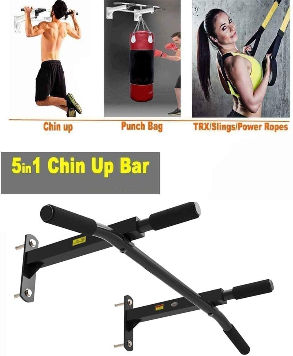 Max Strength-5 in 1 Wall Mounted Metal Chin Up Pull Up Bar Punch Bag TRX Slings Power Ropes Speed Ball Boxing Bag Hook Home Fitness Exercise Bracket