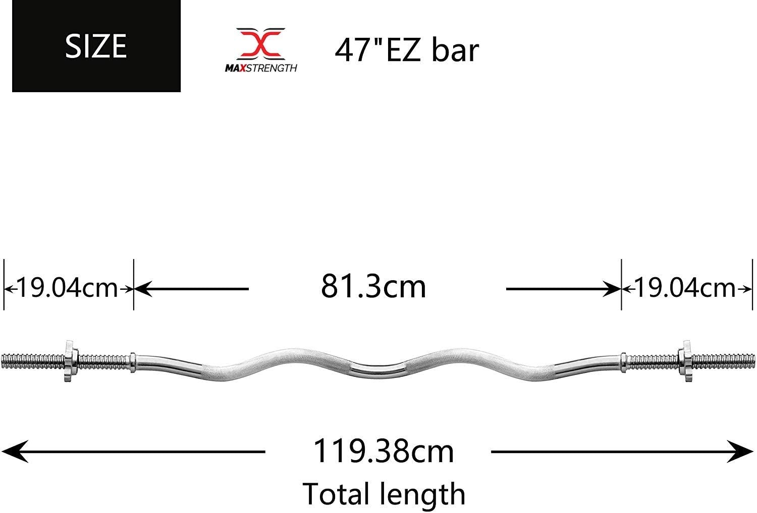 Max Strength-Barbell Weight Bars 47 Inch EZ Curl Spinlock Threaded Standard Bar Regular Solid Steel bar with Spinlock Collars