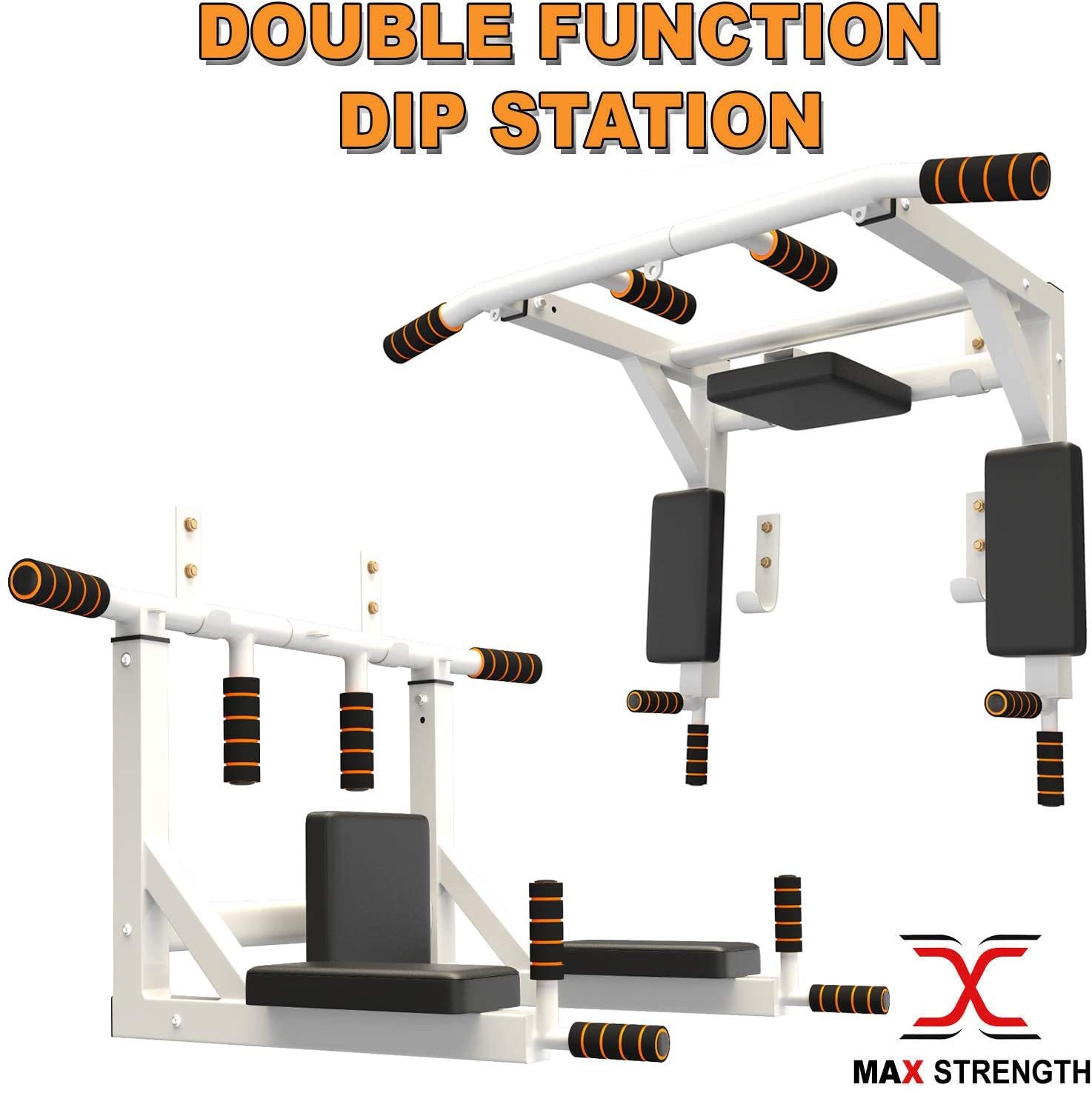 Max Strength - Multifunctional Wall Mounted Horizontal Bar Wall Mounted Pull Up Bar Chin Up, Power Tower Pull Up Dip Station Home Gym Bar Equipment
