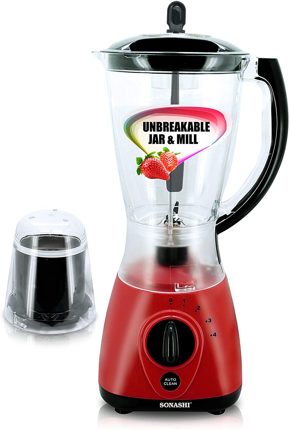 Sonashi 2 In 1 Unbreakable Jar And Mill Countertop Blender - SB-154 (Red)