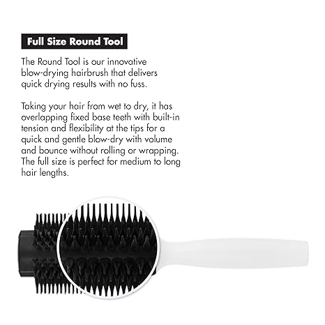 Blow Styling Large Round Tool WhiteHair CareHair flows effortlessly through the bottle-shaped fixed base teeth without pulling. The flexible tips offer precise pick-up at the root and the overlapping configuration extracts excess water for a faster drying