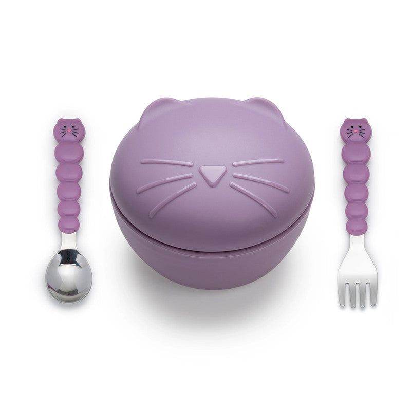Melii Silicone Bowl with Lid & Utensils - Purple CatNursing & FeedingThere is nothing messier than a toddler self-feeding, but if your little one is covered in apple sauce from head to toe, they may as well have fun doing it! Our cat spoon and fork set is