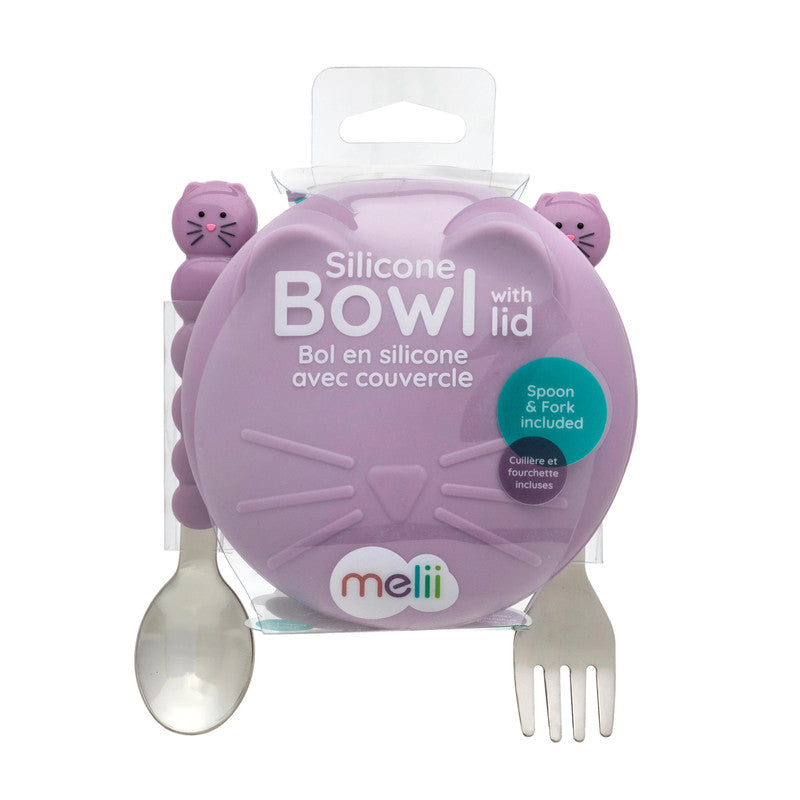Melii Silicone Bowl with Lid & Utensils - Purple Cat