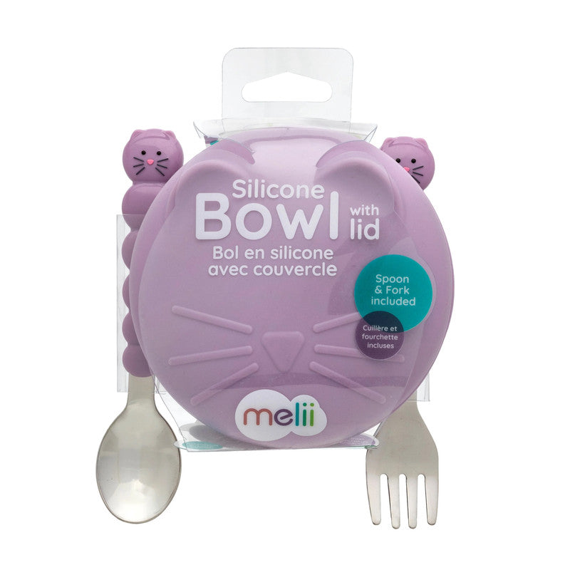 Melii Silicone Bowl with Lid & Utensils - Purple CatNursing & FeedingThere is nothing messier than a toddler self-feeding, but if your little one is covered in apple sauce from head to toe, they may as well have fun doing it! Our cat spoon and fork set is