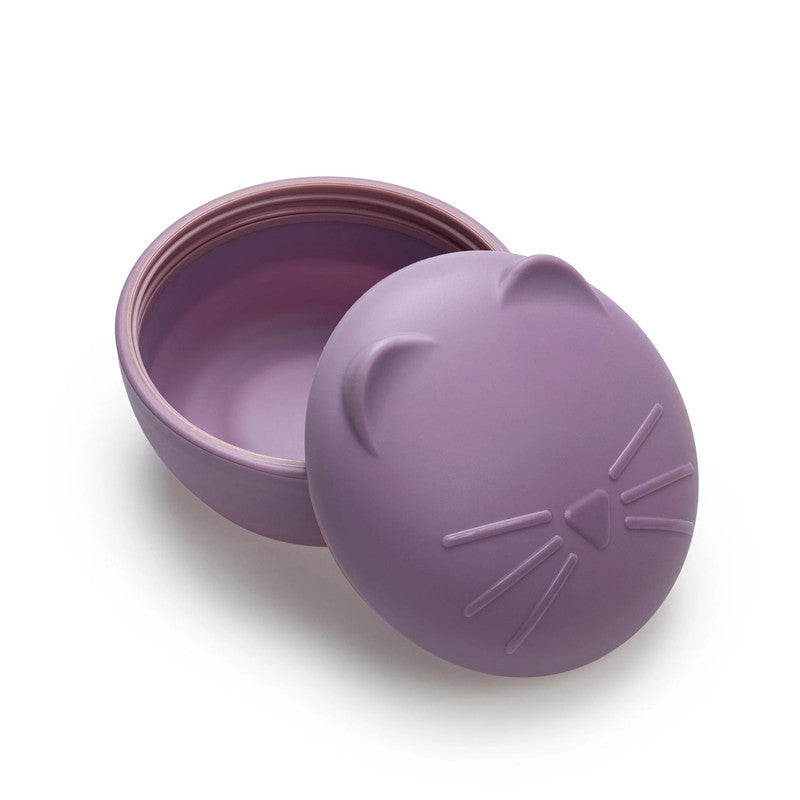 Melii Silicone Bowl with Lid & Utensils - Purple CatNursing & FeedingThere is nothing messier than a toddler self-feeding, but if your little one is covered in apple sauce from head to toe, they may as well have fun doing it! Our cat spoon and fork set is