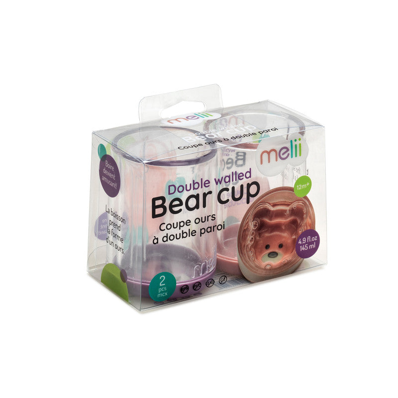 Melii Double Walled Bear Cup 145 ml - 2 Pack (Purple & Pink)Nursing & FeedingOur adorable Double-Walled Bear Cup will make your kid smile with each sip. The suspended bear shape can be seen from all angles. And when your child is fully hydrated after poli