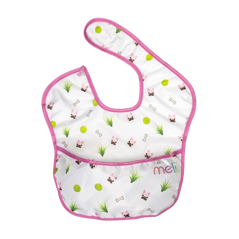 Melii Fold Up Bib 2 Pack - White & Pink BulldogNursing & FeedingOur Fold Up Bib collapses into a small pouch and comes in a 2 pack. After feeding, simply fold the bib into the integrated pocket and you won’t need to worry about getting your diaper bag dir