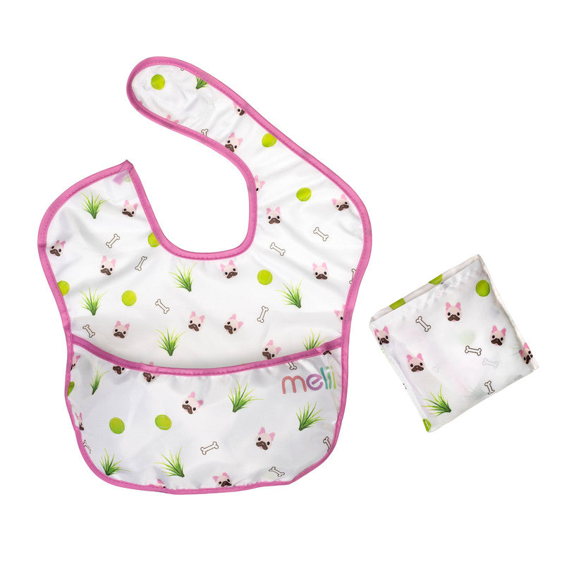 Melii Fold Up Bib 2 Pack - White & Pink BulldogNursing & FeedingOur Fold Up Bib collapses into a small pouch and comes in a 2 pack. After feeding, simply fold the bib into the integrated pocket and you won’t need to worry about getting your diaper bag dir