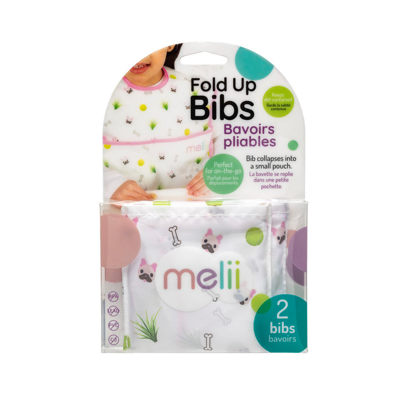 Melii Fold Up Bib 2 Pack - White & Pink BulldogNursing & FeedingOur Fold Up Bib collapses into a small pouch and comes in a 2 pack. After feeding, simply fold the bib into the integrated pocket and you won’t need to worry about getting your diaper bag dir