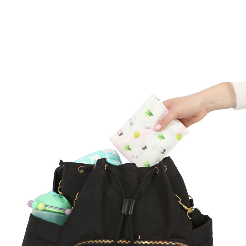 Melii Fold Up Bib 2 Pack - White & Pink BulldogNursing & FeedingOur Fold Up Bib collapses into a small pouch and comes in a 2 pack. After feeding, simply fold the bib into the integrated pocket and you won’t need to worry about getting your diaper bag dir