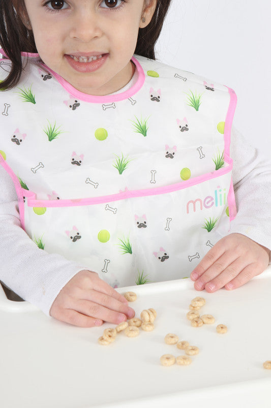 Melii Fold Up Bib 2 Pack - White & Pink BulldogNursing & FeedingOur Fold Up Bib collapses into a small pouch and comes in a 2 pack. After feeding, simply fold the bib into the integrated pocket and you won’t need to worry about getting your diaper bag dir