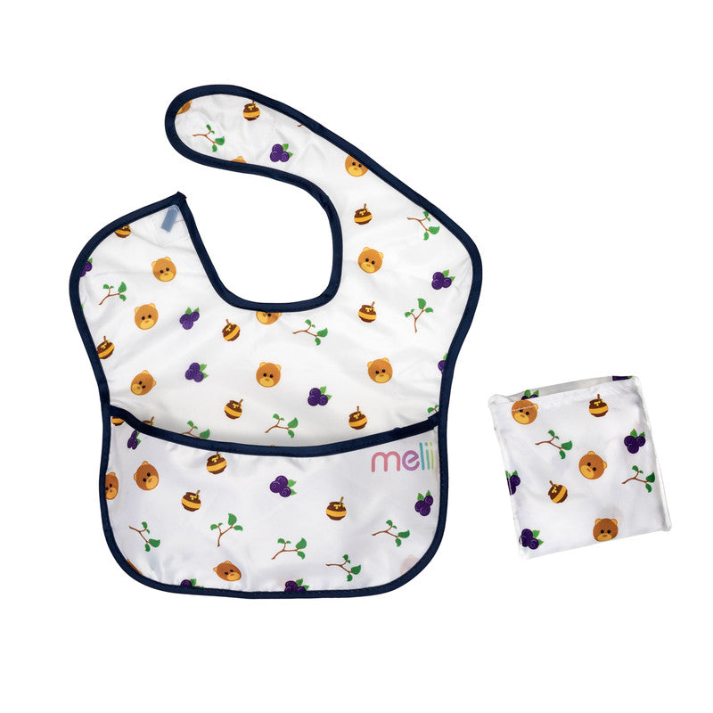 Melii Fold Up Bib 2 Pack - White & Navy BearNursing & FeedingOur Fold Up Bib collapses into a small pouch and comes in a 2 pack. After feeding, simply fold the bib into the integrated pocket and you won’t need to worry about getting your diaper bag dirty.
