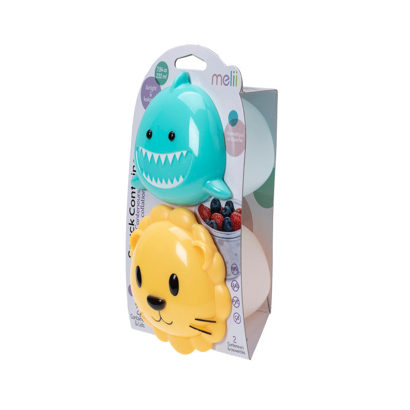 Melii Snack Container - Shark & Lion - 2 Pack (PP base)Nursing & FeedingWith the Melii shark and lion snack containers your little one can carry and store snacks in adorable style! This kid-sized, playful, airtight and leakproof food storage container mak