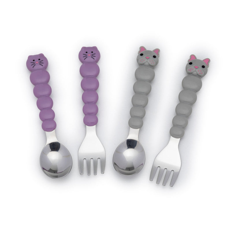 Melii Spoons & Forks Set - Purple Cat & Grey Bulldog (4 Pcs)Nursing & FeedingThere is nothing messier than a toddler self-feeding, but if your little one will be covered in apple sauce from head-to-toe, they may as well have fun doing it! Our colorful bul