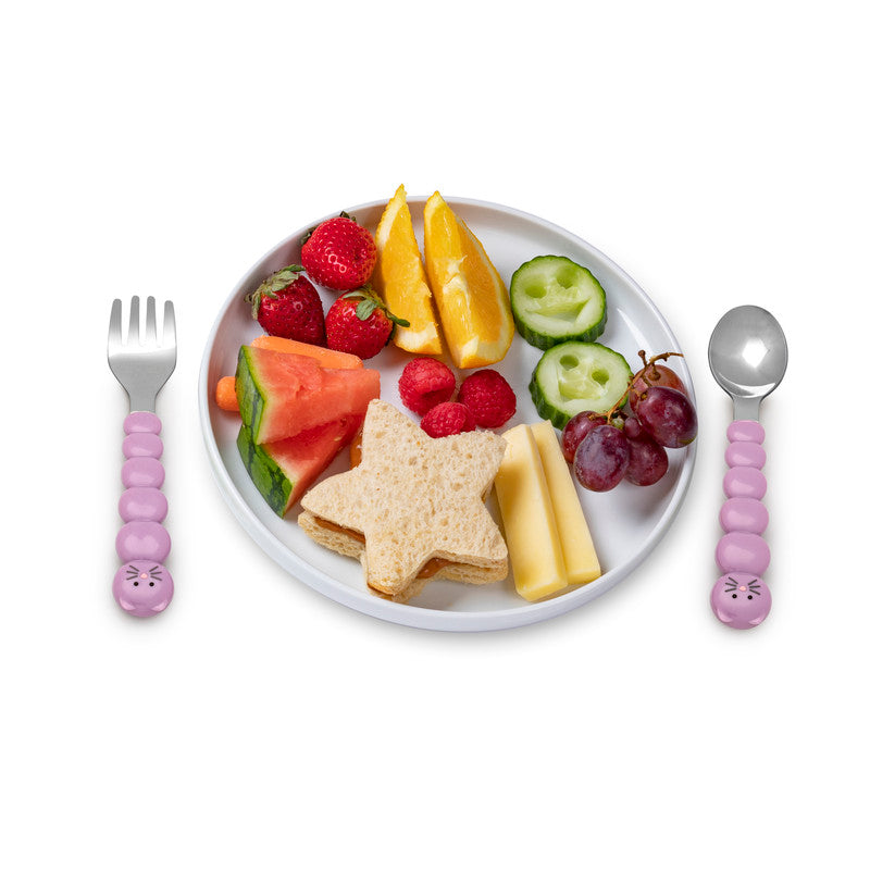 Melii Spoons & Forks Set - Purple Cat & Grey Bulldog (4 Pcs)Nursing & FeedingThere is nothing messier than a toddler self-feeding, but if your little one will be covered in apple sauce from head-to-toe, they may as well have fun doing it! Our colorful bul