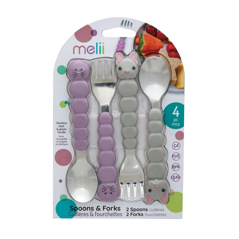 Melii Spoons & Forks Set - Purple Cat & Grey Bulldog (4 Pcs)Nursing & FeedingThere is nothing messier than a toddler self-feeding, but if your little one will be covered in apple sauce from head-to-toe, they may as well have fun doing it! Our colorful bul