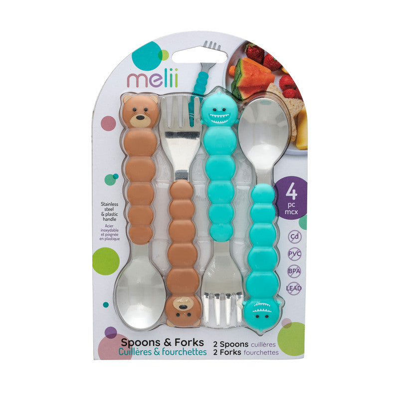 Melii Spoons & Forks Set - Brown Bear & Turquoise Shark (4 Pcs)Nursing & FeedingThere is nothing messier than a toddler self-feeding, but if your little one will be covered in apple sauce from head-to-toe, they may as well have fun doing it! Our colorful