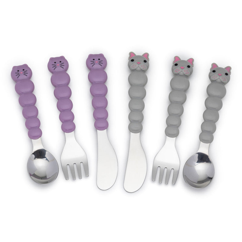 Melii Utensil Set - Purple Cat & Grey Bulldog (6 Pcs)Nursing & FeedingThere is nothing messier than a toddler self-feeding, but if your little one will be covered in apple sauce from head-to-toe, they may as well have fun doing it! Our colorful bulldog, c